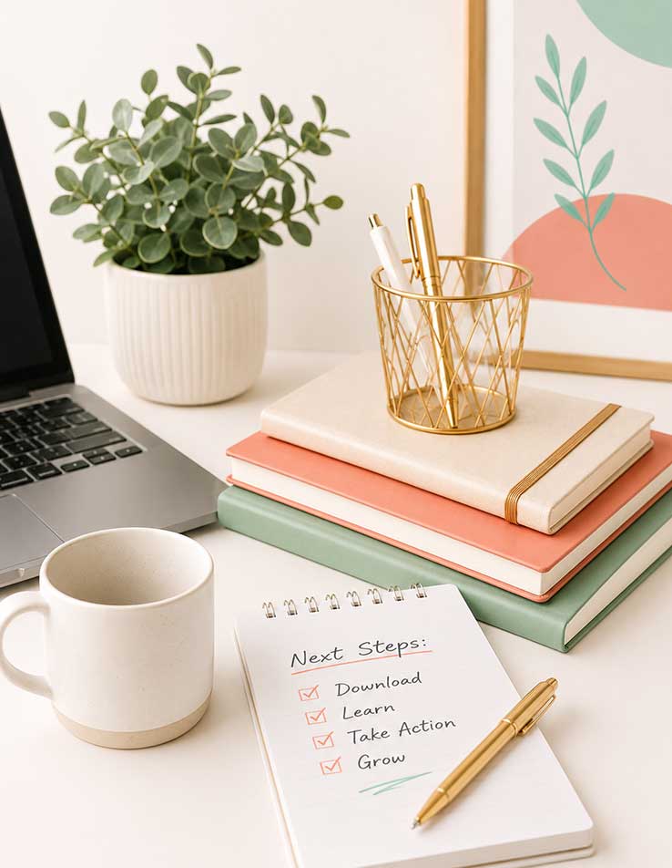 Styled workspace with laptop, notebooks, and planning notes representing business growth resources from Gibcee.